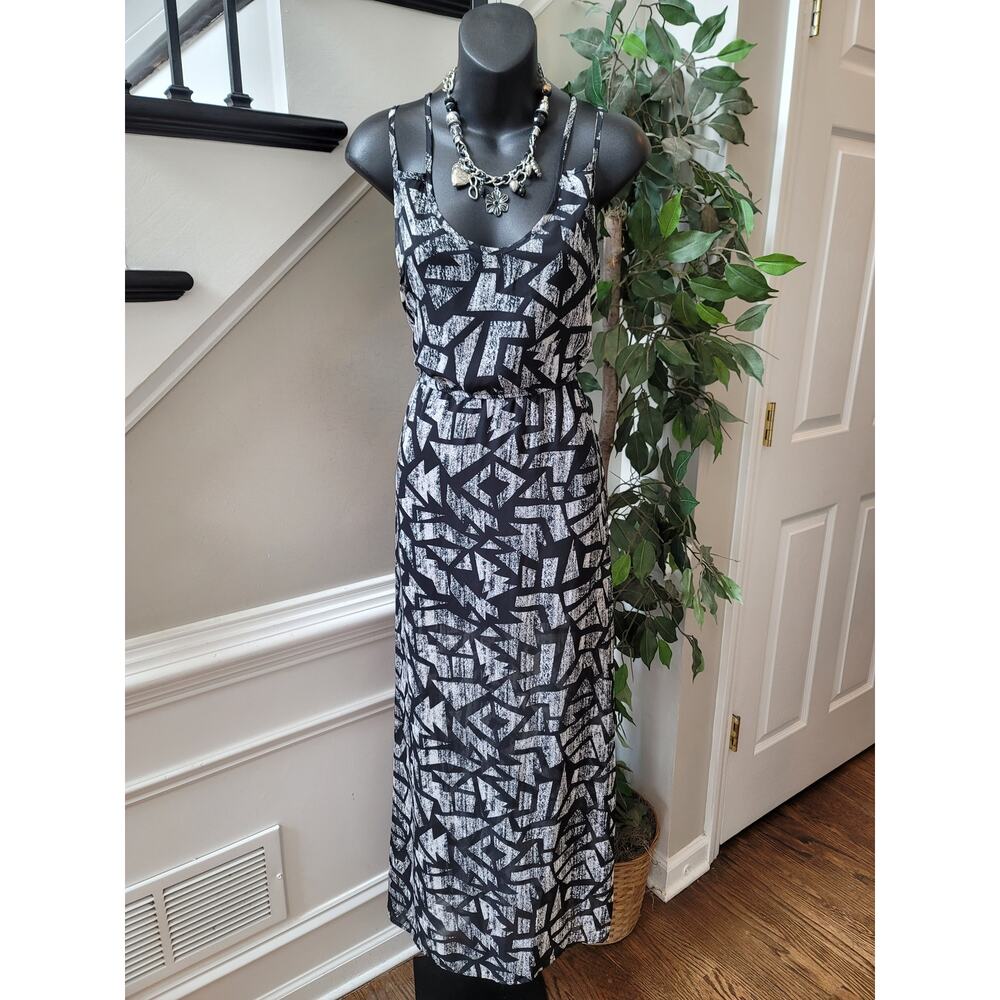 Dee Elle Maxi Dress Women's Small Black White Abstract Geometric Scoop Casual